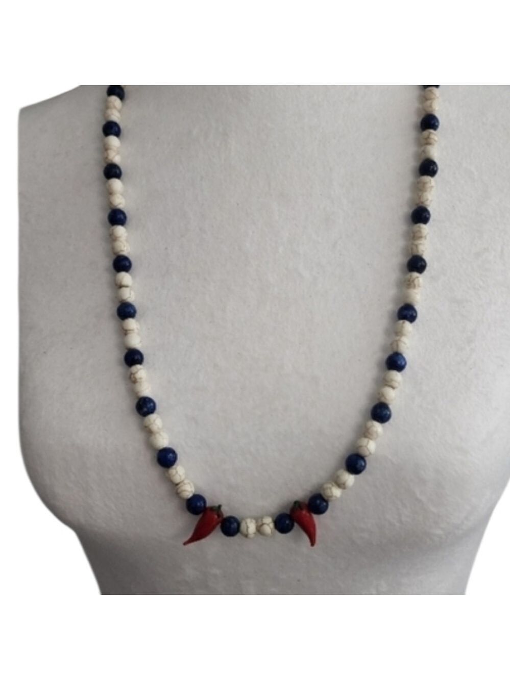 Blue White Beaded Necklace Hot Pepper Charm